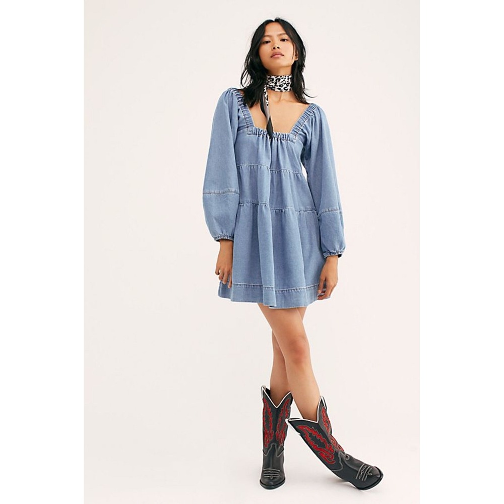 Free People Lou Jean Babydoll Mini Dress Light Wash Denim Blue Tiered Small